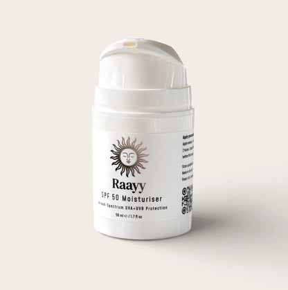 Raayy SPF50 Moisturiser 50ml on a plain background