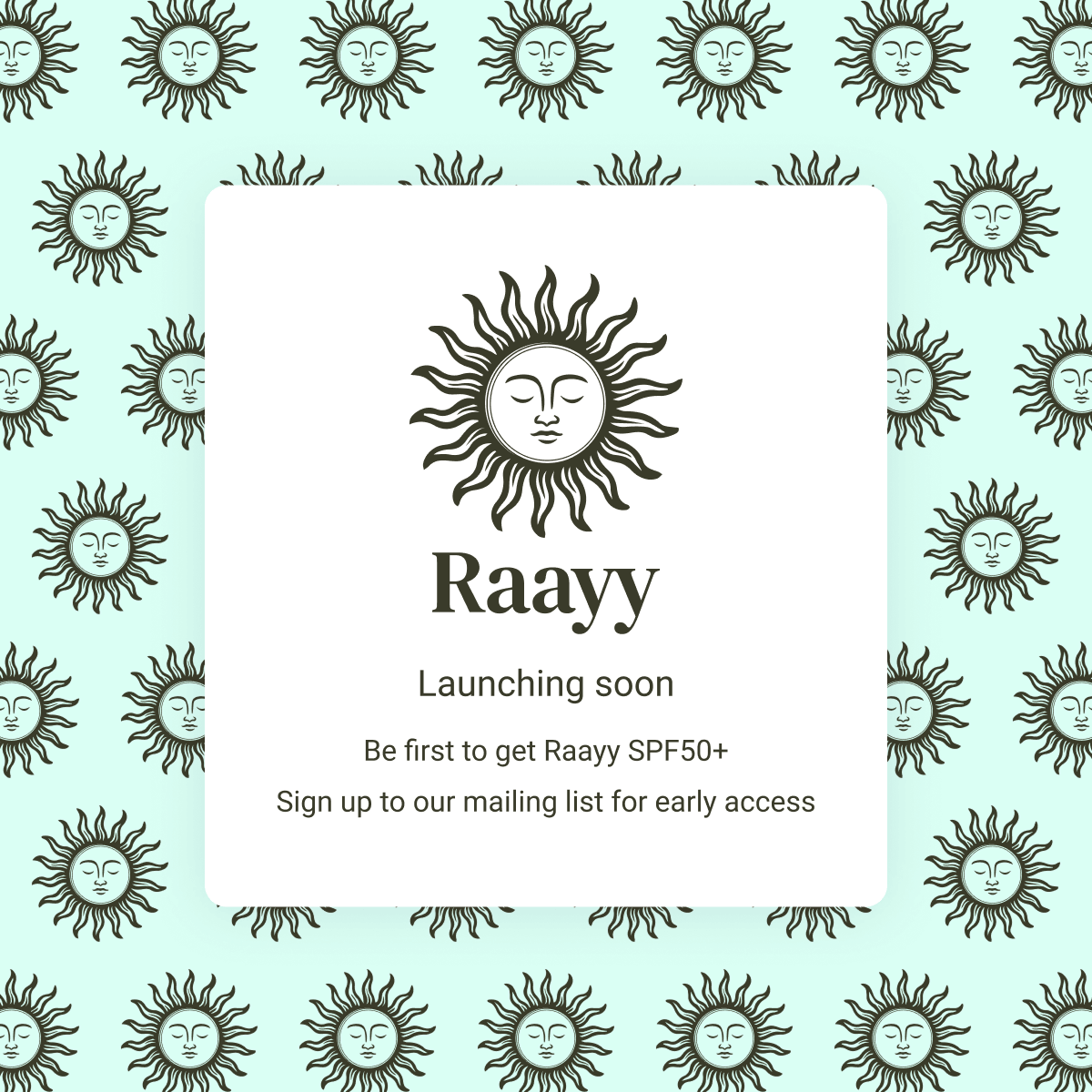 Promotional graphic for Raayy with sun pattern and early access sign-up text on a light blue background.