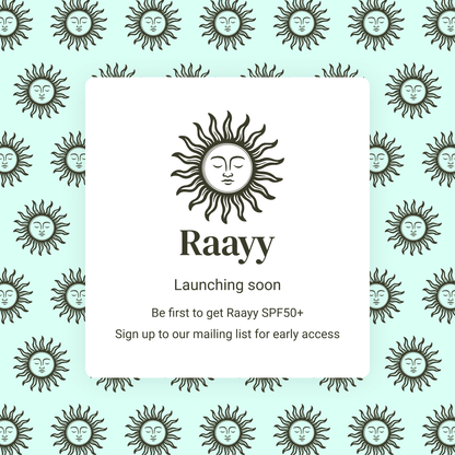 Promotional graphic for Raayy with sun pattern and early access sign-up text on a light blue background.