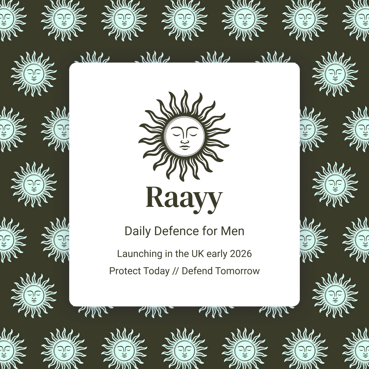 Raavy sunscreen promo with branded sun pattern on a dark green background