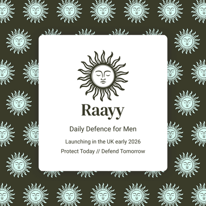 Raavy sunscreen promo with branded sun pattern on a dark green background