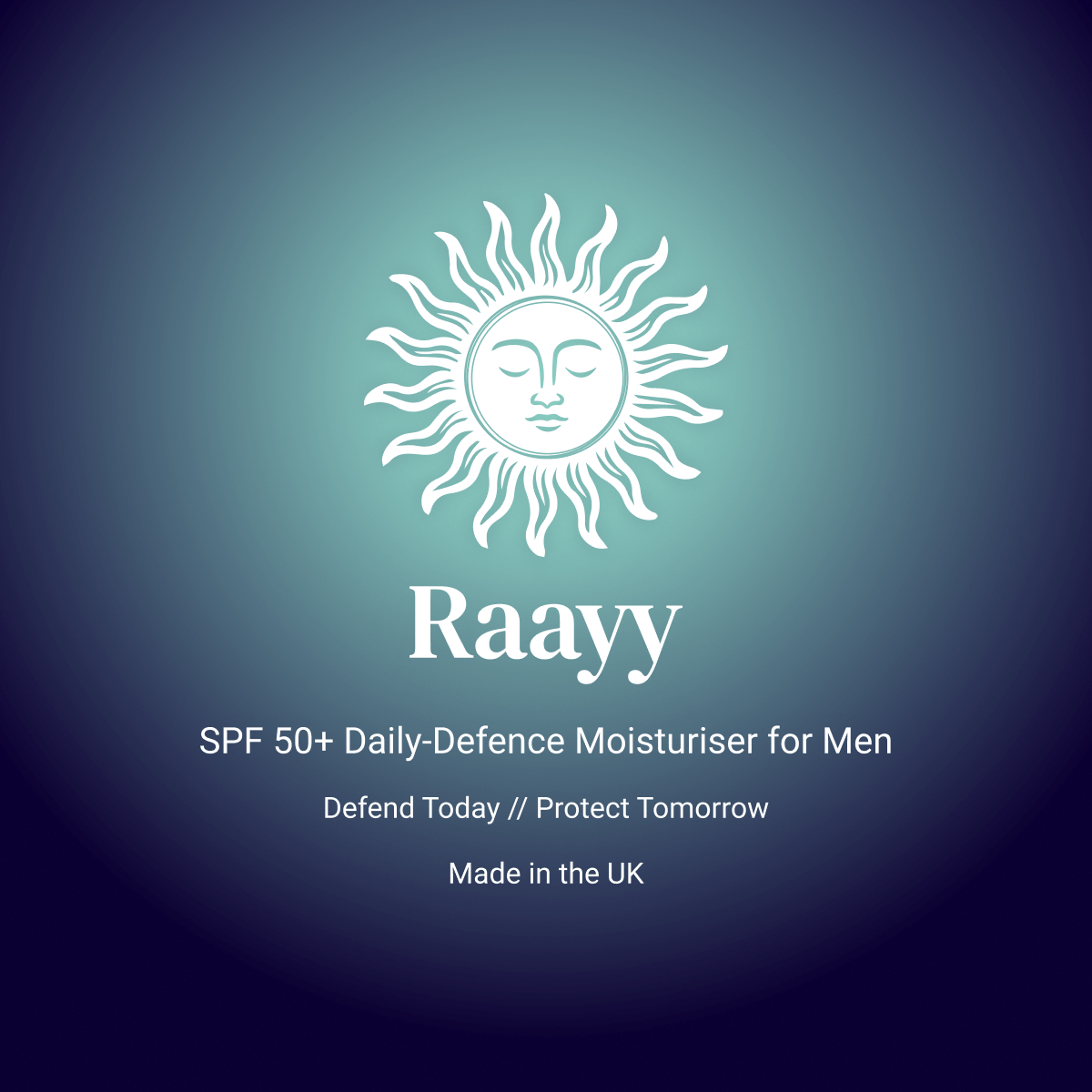 Raavy SPF 50+ Daily-Defence Moisturiser for Men packaging on a hot sunny gradient blue background
