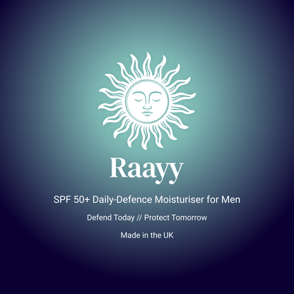Raavy SPF 50+ Daily-Defence Moisturiser for Men packaging on a hot sunny gradient blue background