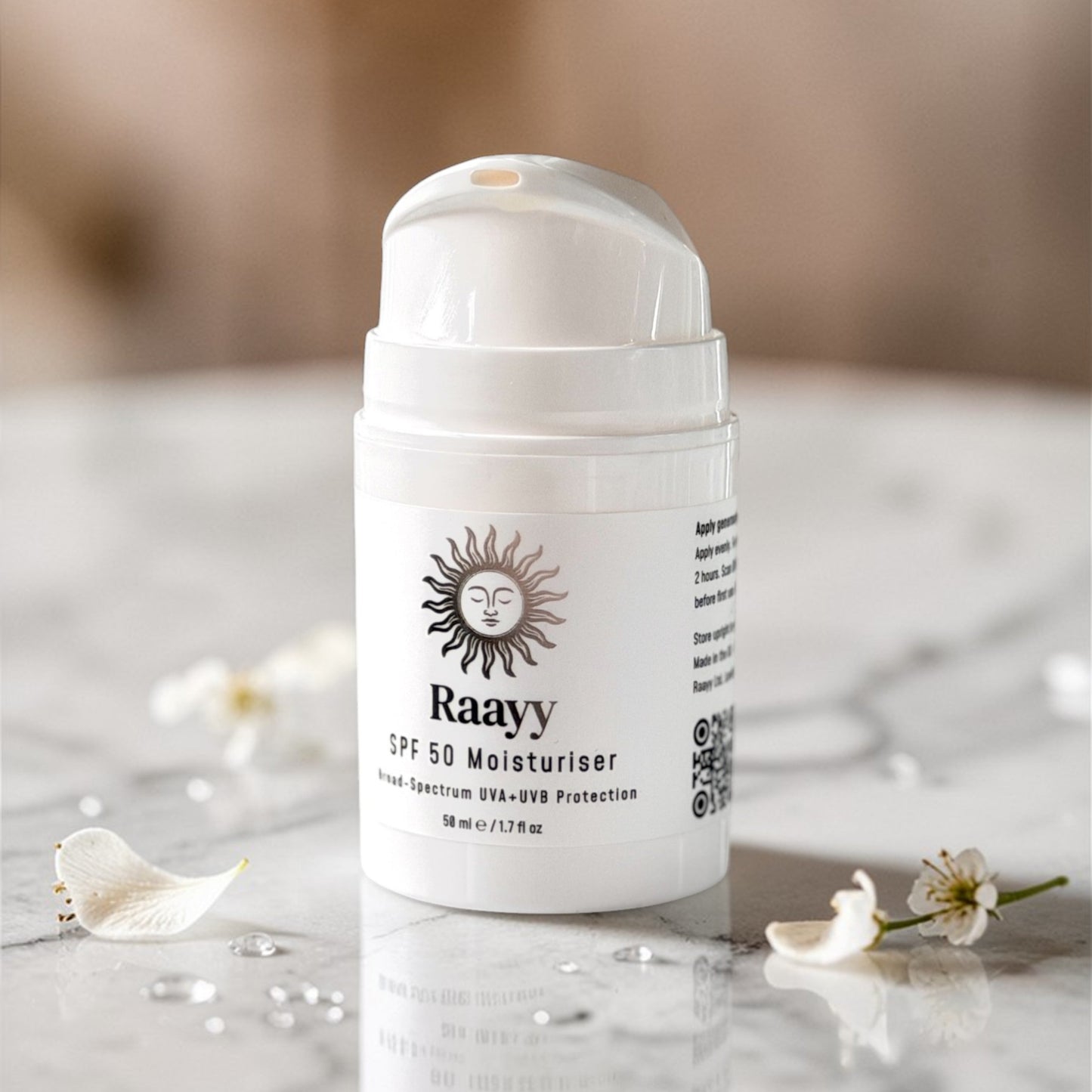 Raayy SPF50 Face Moisturiser - Non Greasy Daily UV Protection - No White Cast - For Men & Women (50ml)